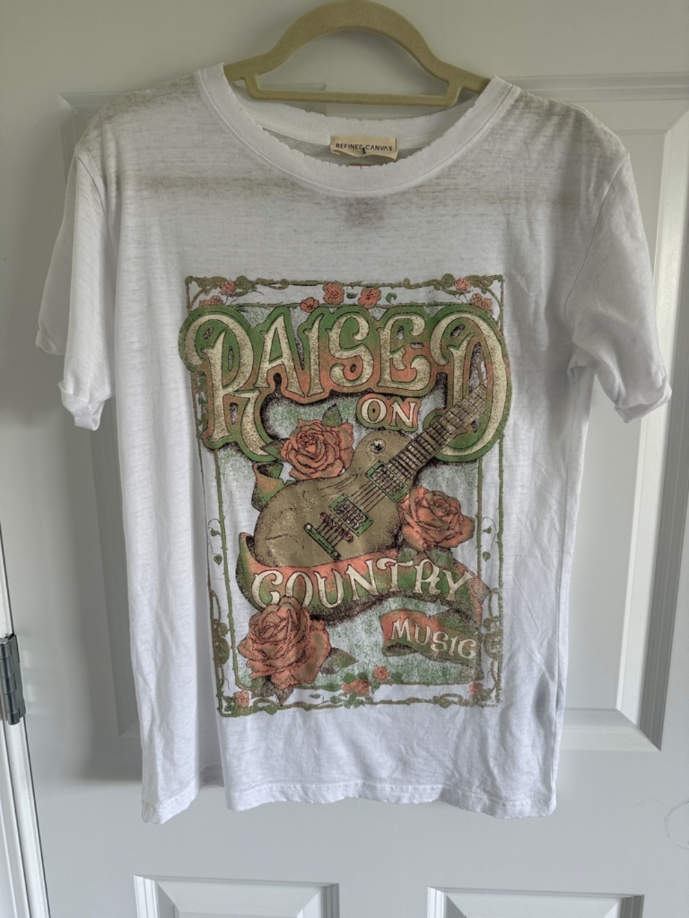 NWOT Refined Canvas Raised On Country Music Graphic Tee - White, Green & Coral
